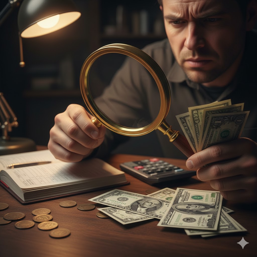 Mãos segurando dinheiro e uma lupa, simbolizando dúvida sobre patrimônio.